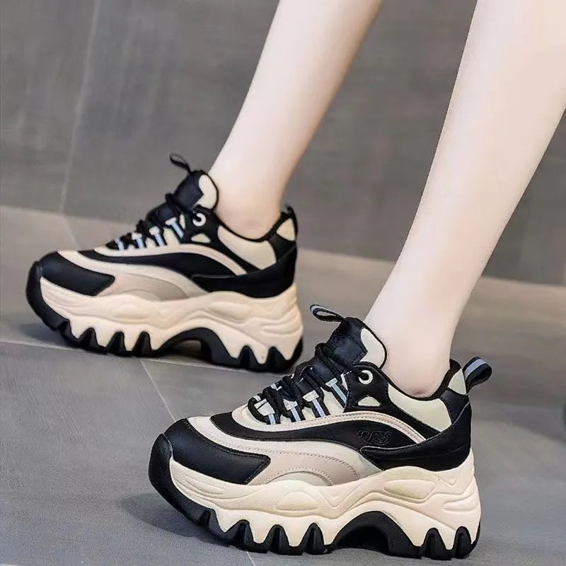 Sneakers Women Casual White Shoes 8CM Fashion Height Increasing Thick Bottom Spring Platform Leather Woman Chunky Sneakers 2024