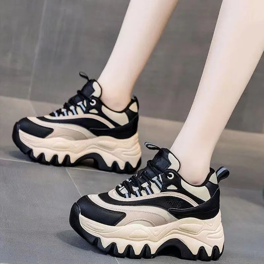 Sneakers Women Casual White Shoes 8CM Fashion Height Increasing Thick Bottom Spring Platform Leather Woman Chunky Sneakers 2024