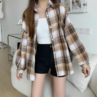 Women Plaid Shirt Long Sleeve Turn Down Collar Single Breasted Loose Fit