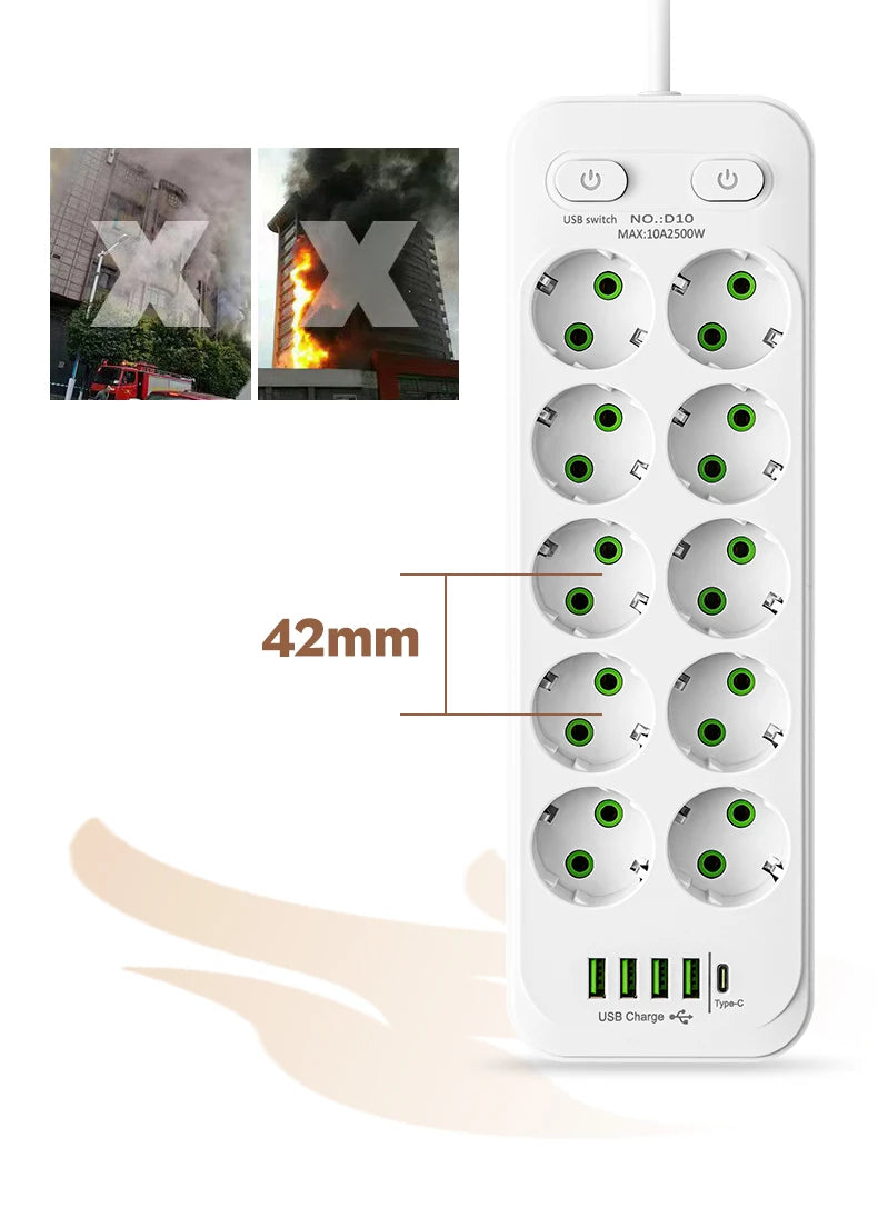 EU Plug Power Strip 6 AC Outlet Multitap Extension With 5 USB Ports 3m Cord Electrical Socket 2500W Fast Charge Surge Protector