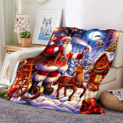 Cartoon Santa Snowman Throw Blanket Flannel Polyester Cotton