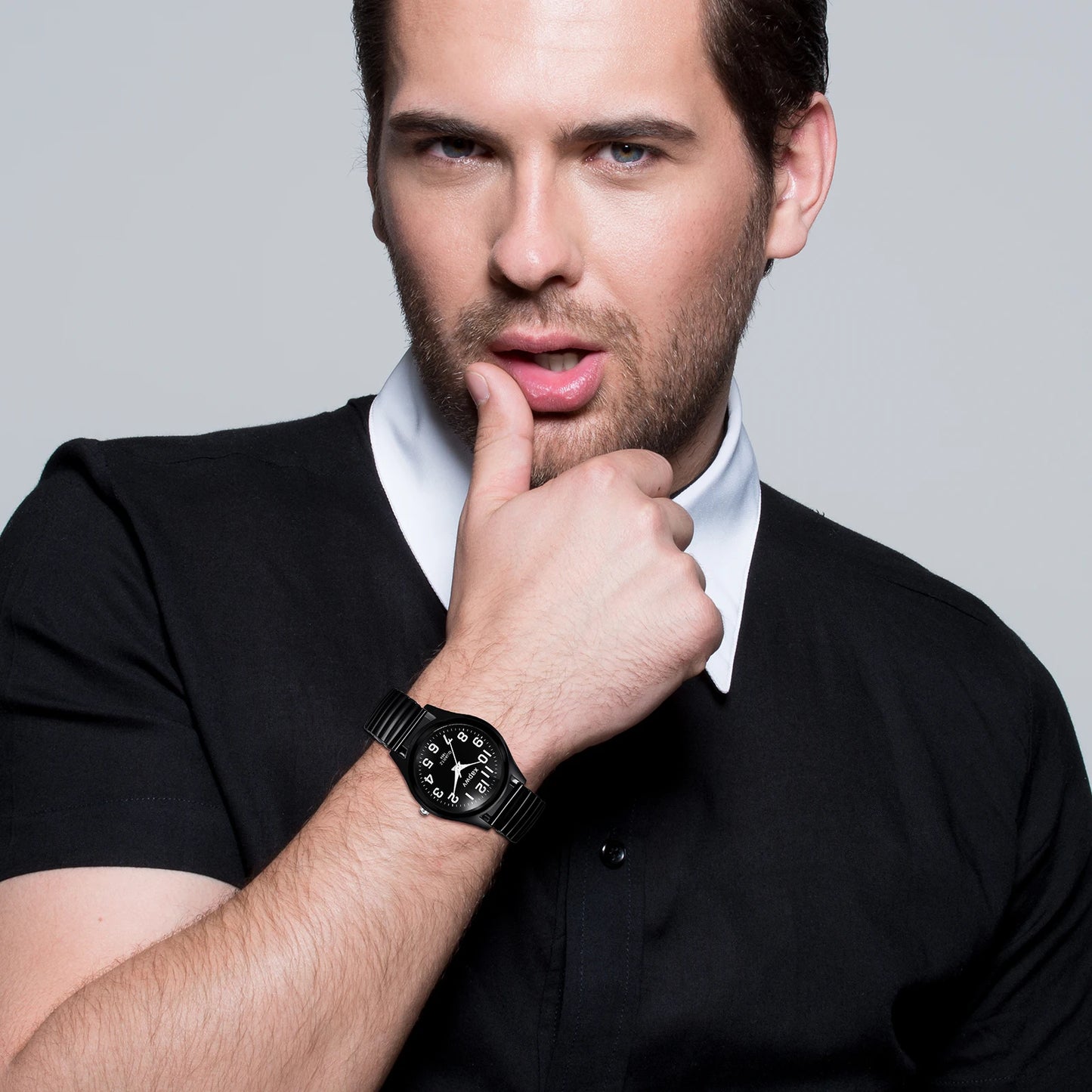 Elastic Strap Watch for Men Couples Clear and Easy Read Large Black Digital Hard Steel Strap Waterproof