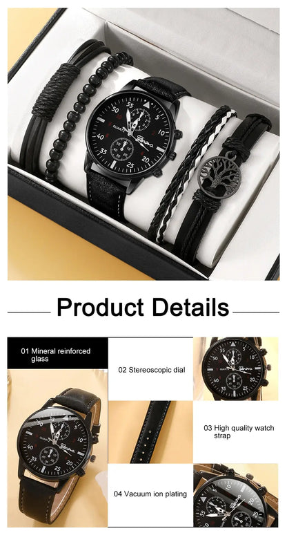 Elegant Leather Watch & Bracelet Set for Men – Fashion Quartz Wristwatch
