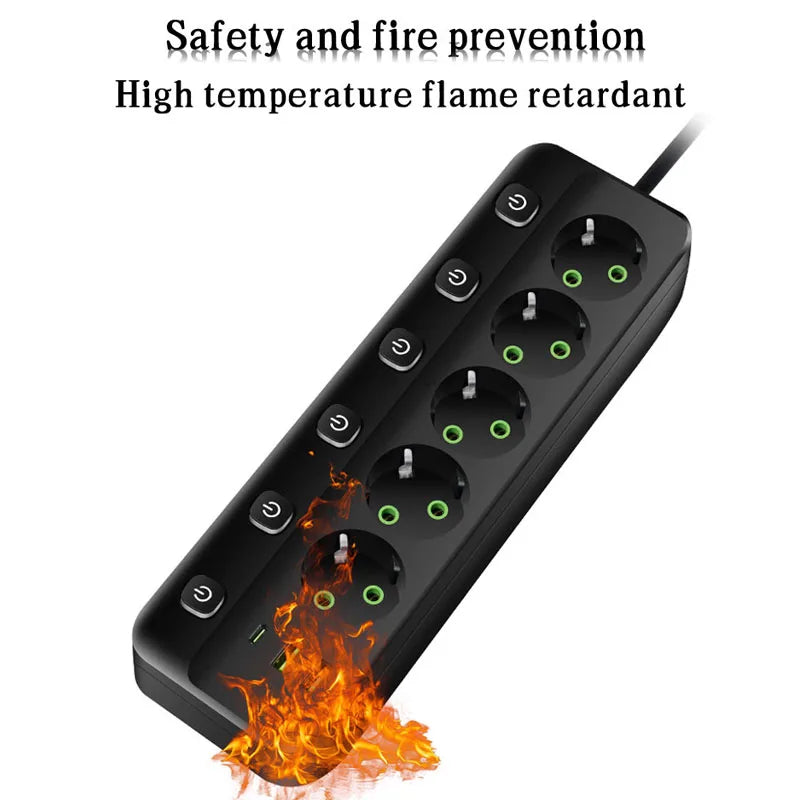 EU Plug Electrical Socket with 3/5 AC Outlets 2 USB Ports + 1 Type C 6/8-in-1 Plug Socket Adapter 2M Power Strip for Home Office