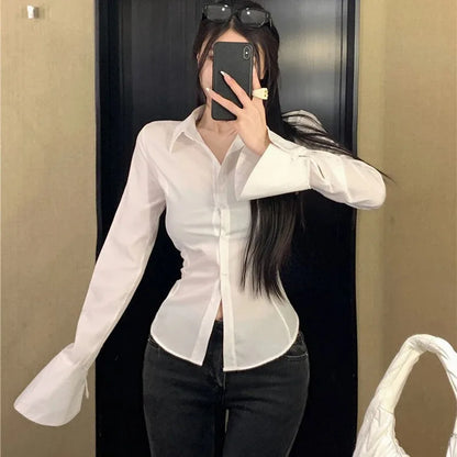 Women's Slim White Polyester Bell Sleeve Blouse Top