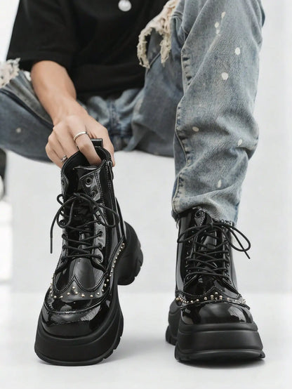 Mid-Calf Leather Motorcycle Boots With Rivet And Lace-Up 4.5 cm Thick Sole