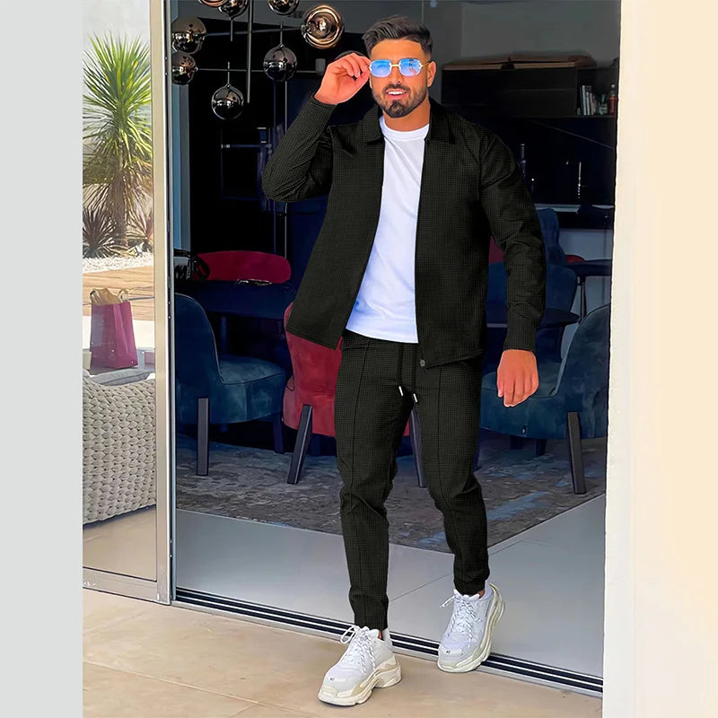 2024 men's new waffle long-sleeved lapel zipper cardigan casual sports suit