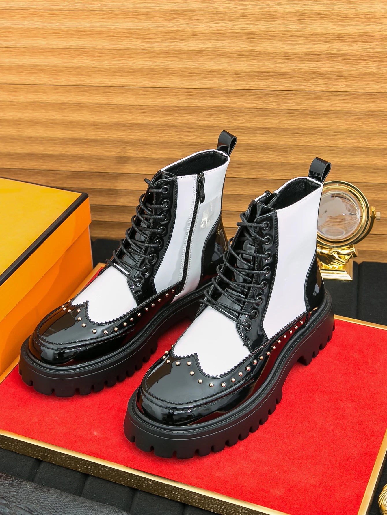 Men's Mid-Calf Leather Motorcycle Boots Pointed Toe Lace-Up