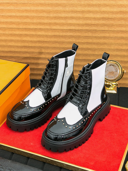 Men's Mid-Calf Leather Motorcycle Boots Pointed Toe Lace-Up