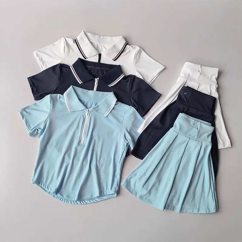 Women's summer new tennis suit set, short polo shirt, short sleeved sports top paired with pleated anti glare skirt pants