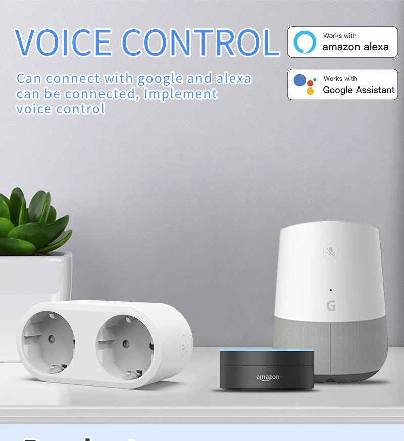 Tuya Wifi Smart Dual Plug Socket Eu 16A 20A 2 in 1 Function with Power Monitor Voice Control Smart Life Works with Alexa Google