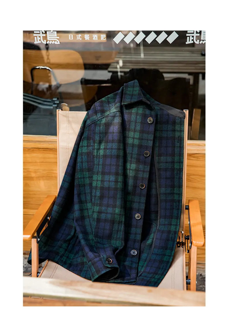 Maden American Retro Blue Green Plaid Wool Jacket Loose Thick Plaid Shirt Jacket Men's Coat Clothing Spring And Autumn