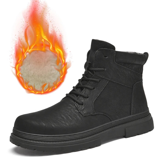 Men's Winter Waterproof Leather Rubber Ankle Boots With Plush Lining