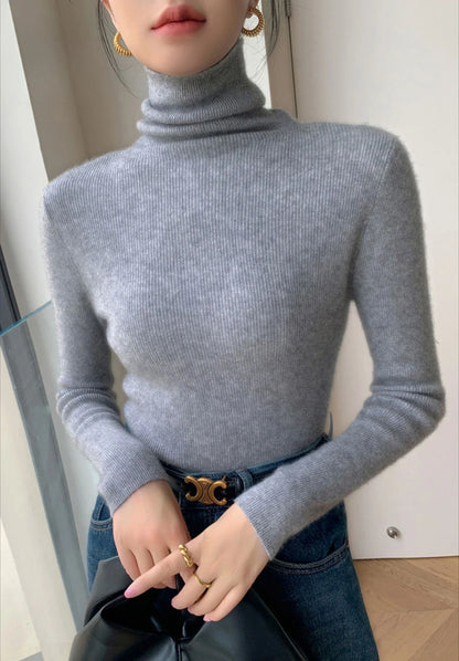 Women's Turtleneck Knit Pullover Sweater, Slim Fit, Long Sleeve, Solid