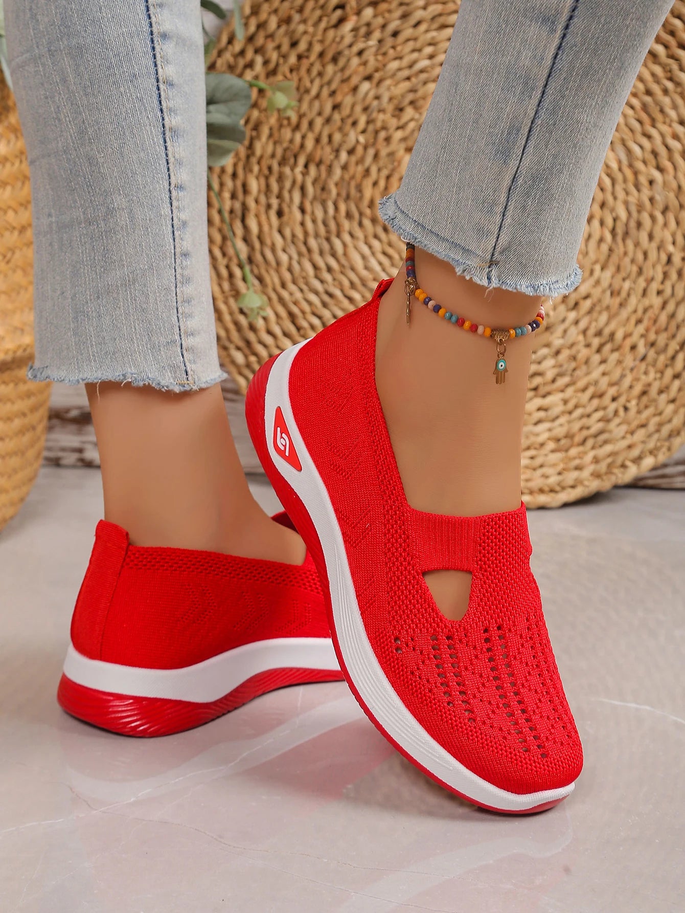 Women's shoes Solid Color Breathable Sneakers, casual sneaker women's summer sneakers, Low-top Knitted Casual Shoes Mom Shoes