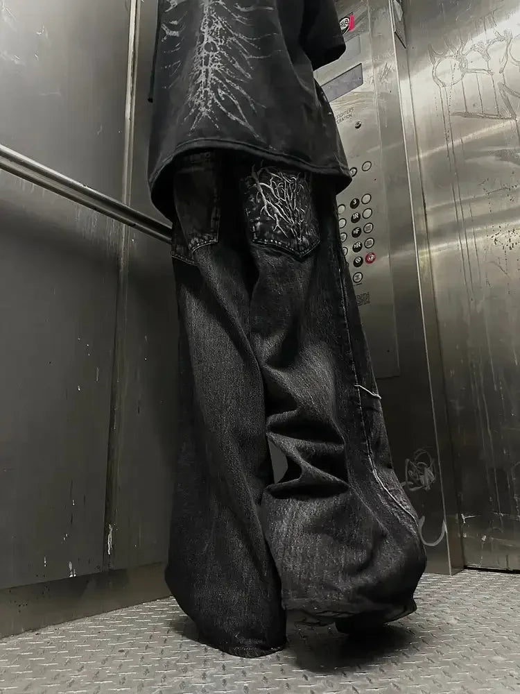 Baggy Jeans With Embroidery Splicing Pattern Y2K Vintage Wide Leg