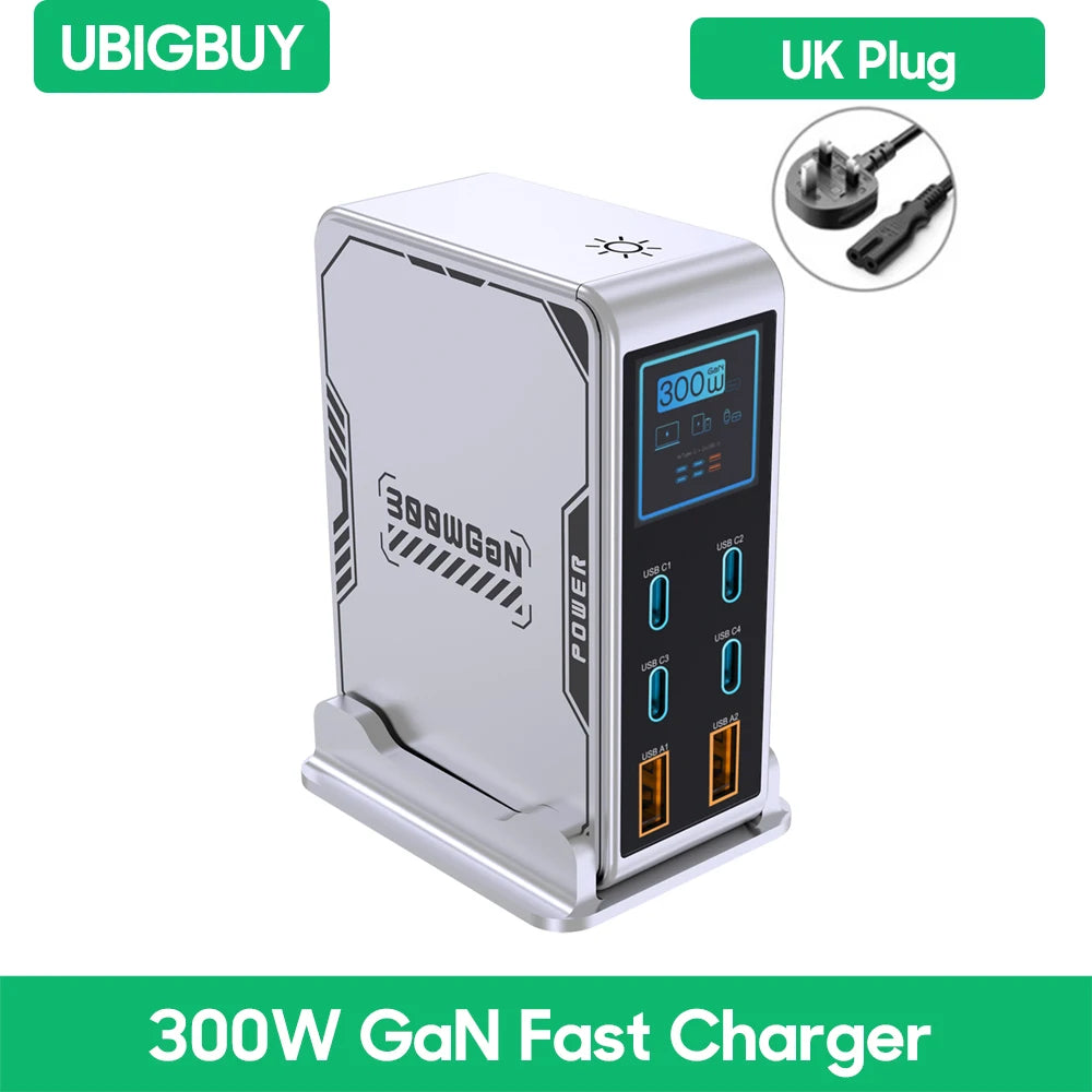 Ubigbuy 300W GaN Charger PPS PD 100W USB Type C 6-Port Digital Display Desktop Fast Charging Station for MacBook iPhone Samsung
