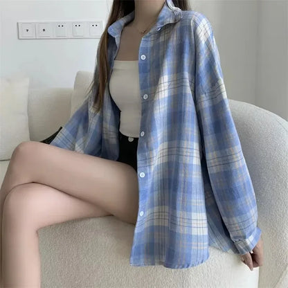 Women's Plaid Shirt Long Sleeve Autumn Loose Fit Single Breasted