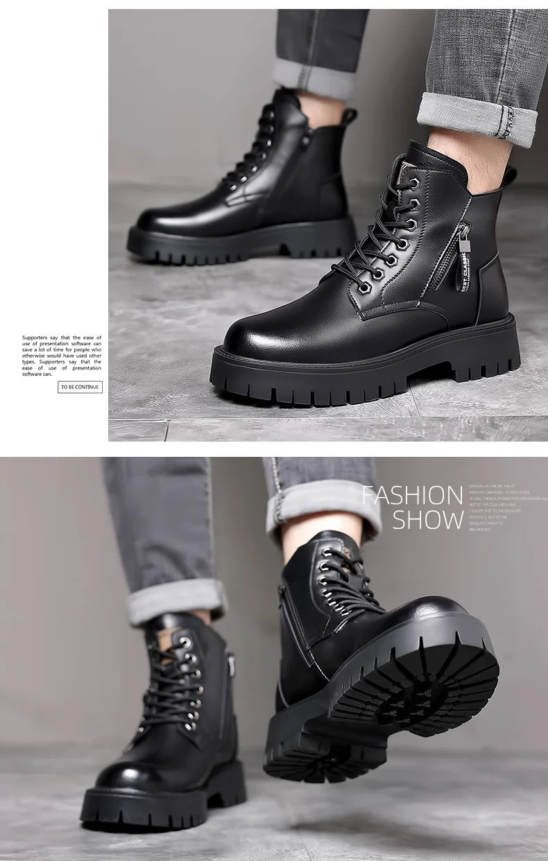 Winter thick soled Men's boots Outdoor waterproof laceup genuine leather boots male Comfortable warm leather shoes Botas Zapatos