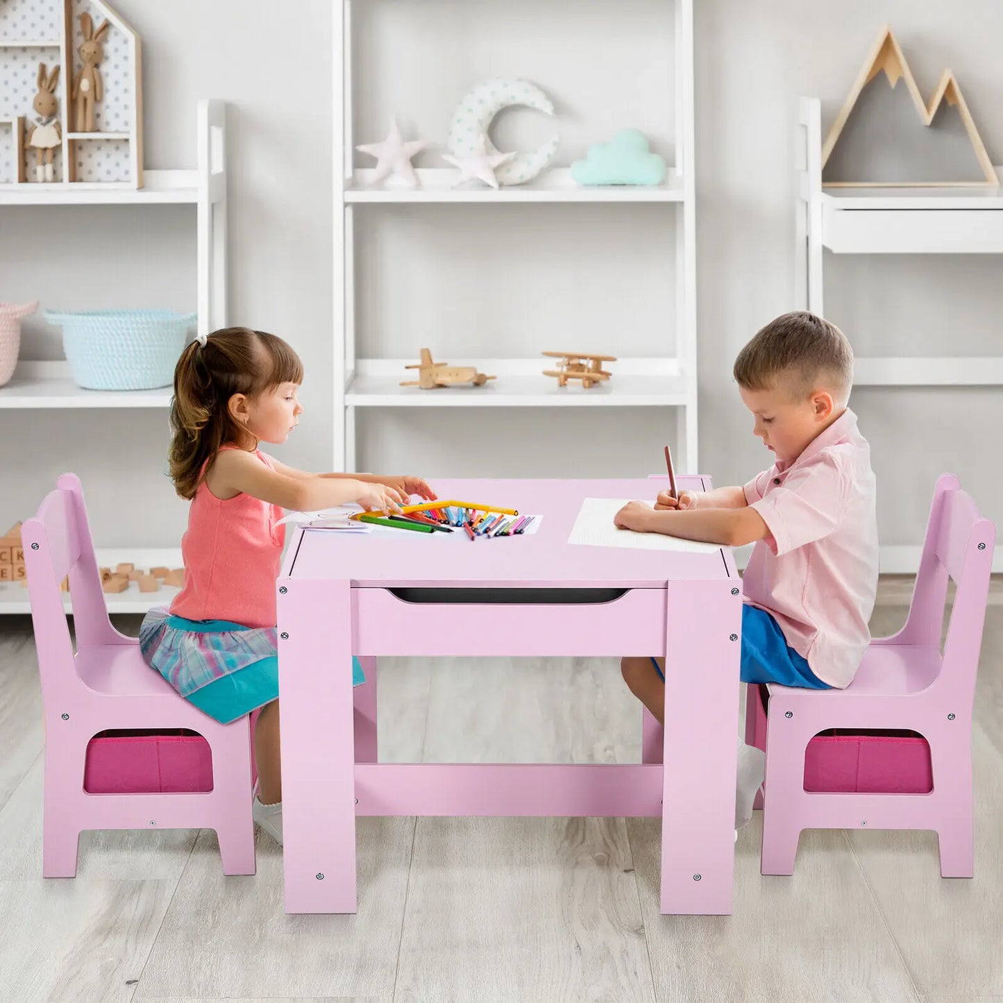 Kids Table and 2 Chairs Set W/ Storage Drawer Wooden Activity Table For Toddlers Detachable for Children Drawing Reading