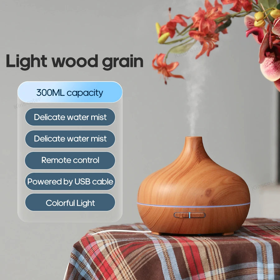 KINSCOTER Wood Grain Aromatherapy Diffuser 300ml Essential Aroma Oils Ultrasonic Air Humidifier 3 Timers USB Color Light
