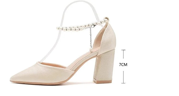 Pearl-Embellished Satin Heels, 5cm Chunky Low Heel, Adjustable Ankle Strap