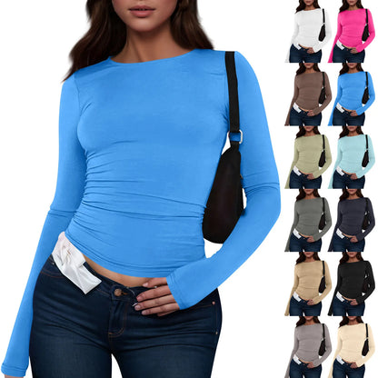 O-Neck Long Sleeve Cropped Top For Women Broadcloth Polyester