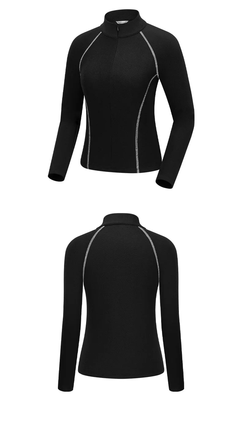 TTYGJ Slim Long Sleeve Golf Base Shirt Women Zipper Neck Warm Velvet Tops Autumn Winter Windproof Thicken Leisure Golf Blouse