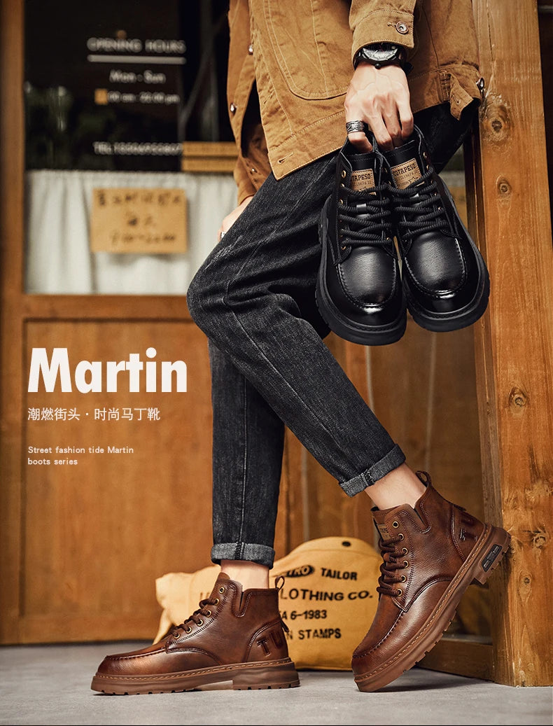 Brown Leather Mens Ankle Boots Lace Up Platform Outdoor