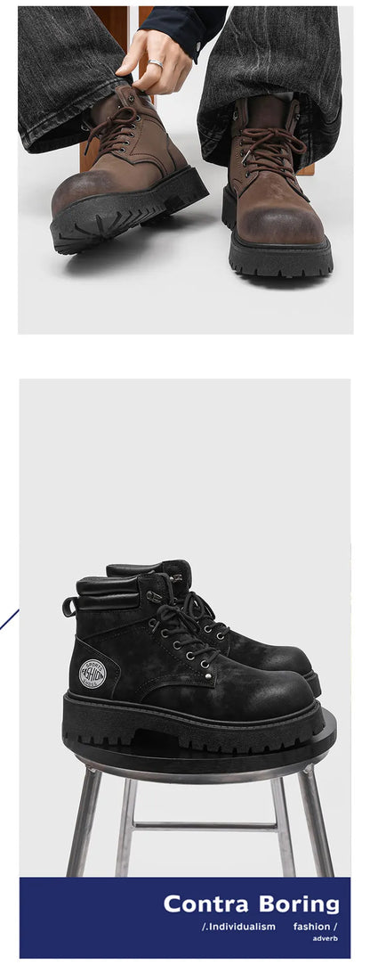 Men's Snow Boots Ankle-Height Leather Lace-Up Thick-Sole Size 39-46