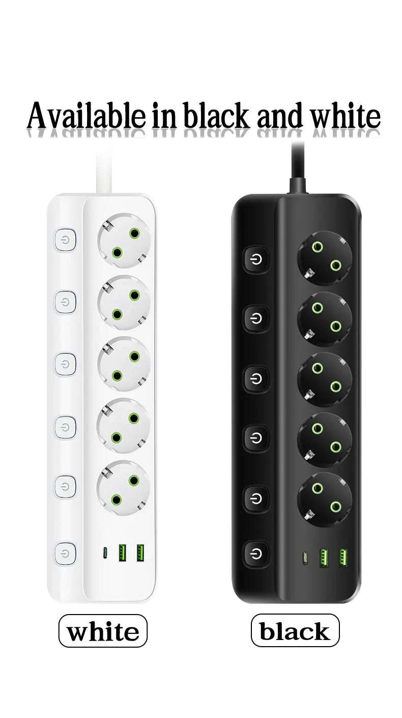 EU Plug Electrical Socket with 3/5 AC Outlets 2 USB Ports + 1 Type C 6/8-in-1 Plug Socket Adapter 2M Power Strip for Home Office