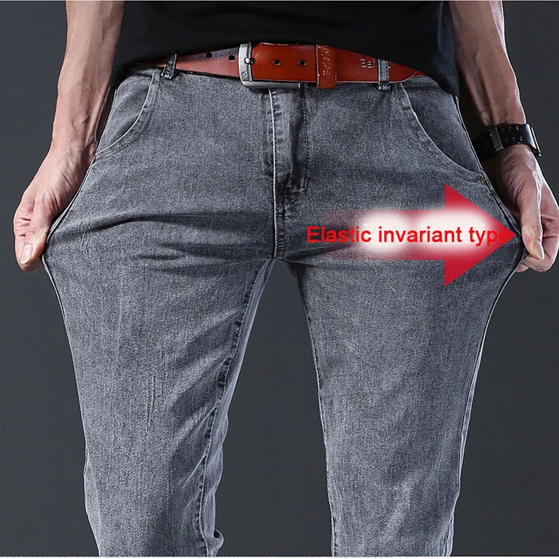 Men's Slim Fit Jeans Gray Elastic Mid-Waist Denim Straight Leg