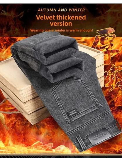 Plus Size Men's Black Straight Stretch Denim Jeans With Fleece Lined Warm Velvet