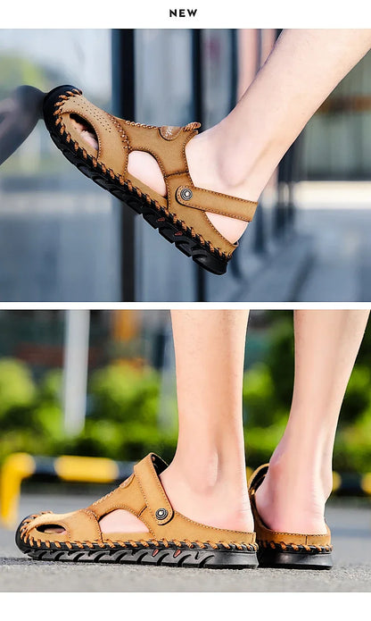 Men Cowhide Sandals Slip On With Rubber Bottom Casual Outdoor