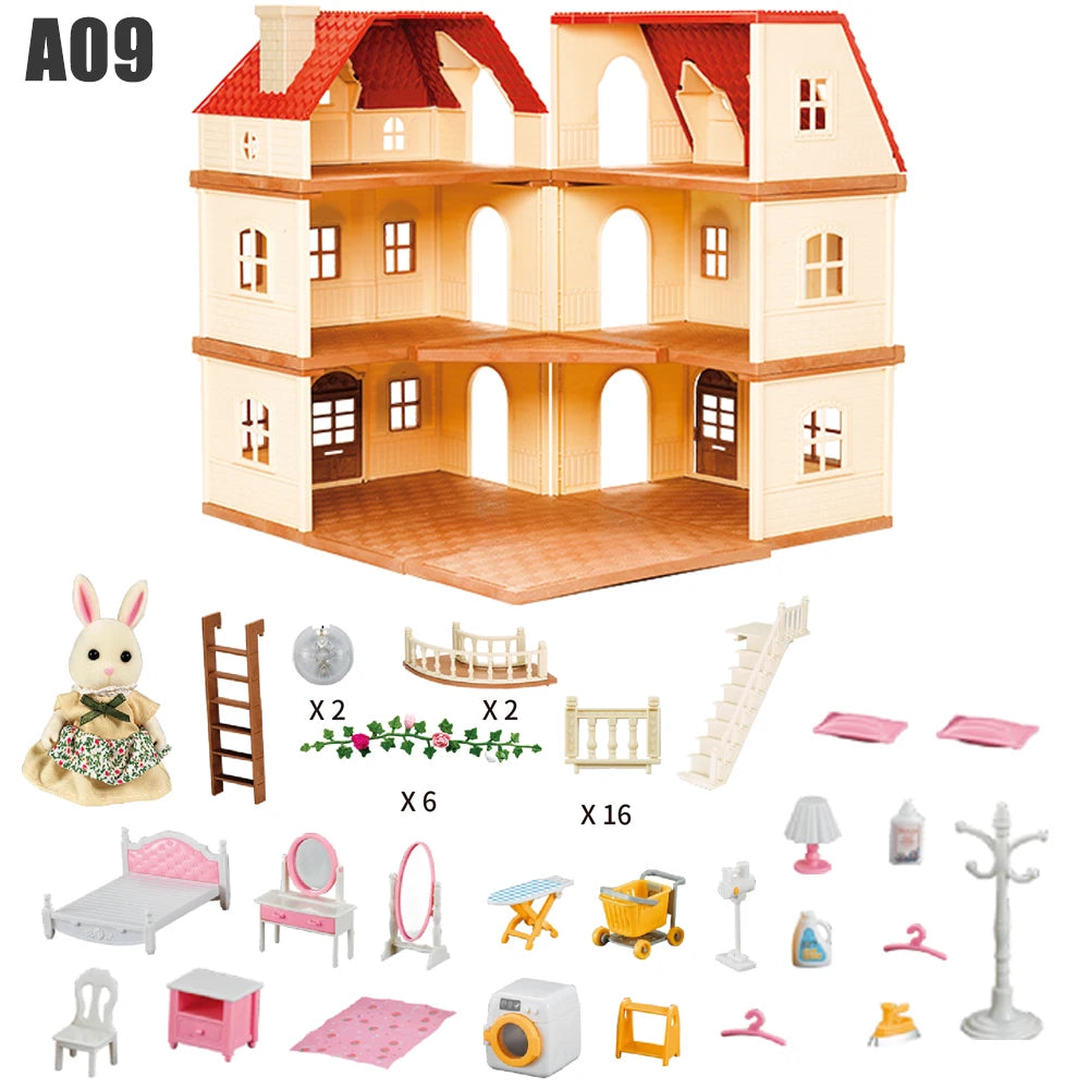 1/12 Dollhouse Furniture Family House Villa Simulate Forest Rabbit Animal Family Miniature Scene Toy Display Furniture Toy Gift