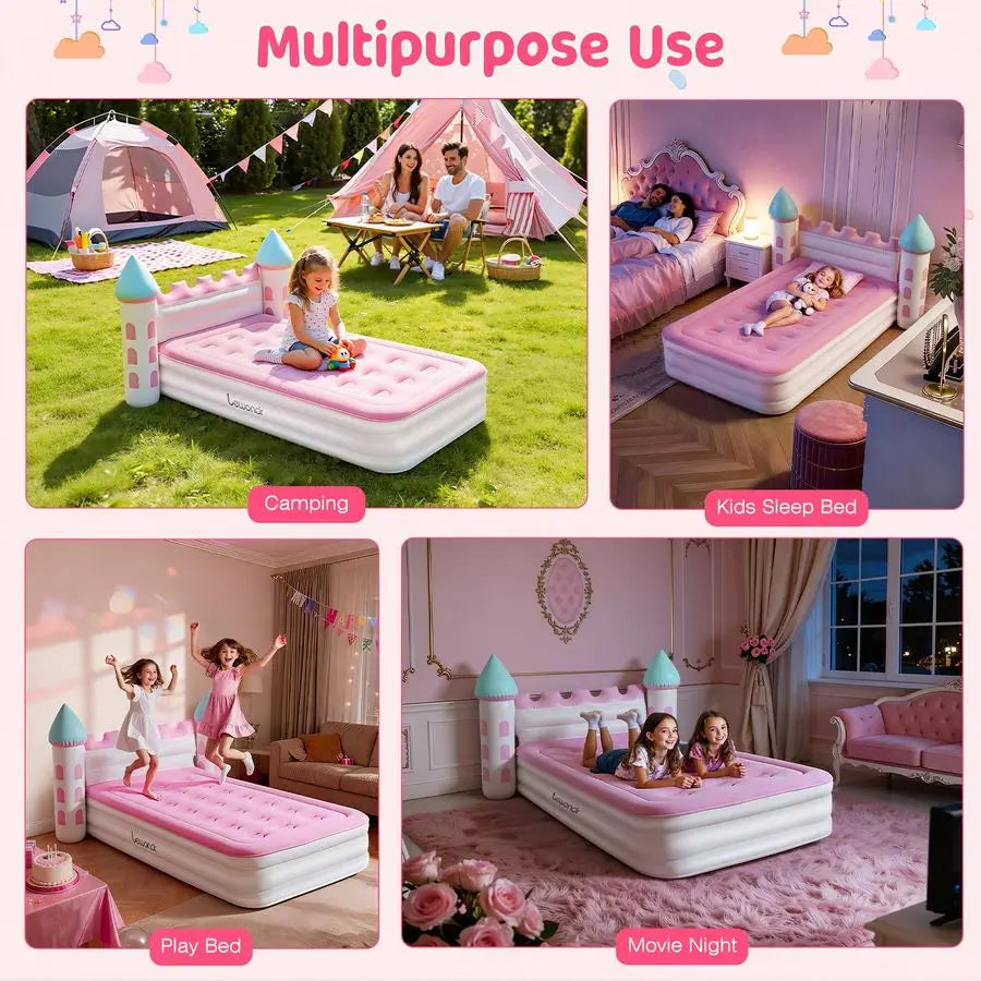 Inflatable Kids Bed, Pink Castle Toddler Travel Bed with Electric Air Pump, Kids Blow Up Mattress with Portable Storage Bag, Kid