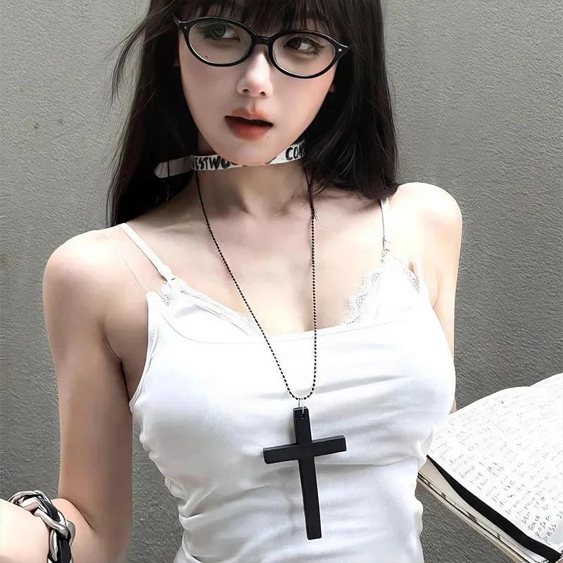 2025 New Cool Punk Gothic Wood Cross Pendant Necklace for Women Men Vintage Black White Hip Hop Y2k Necklace Party Jewelry Gift