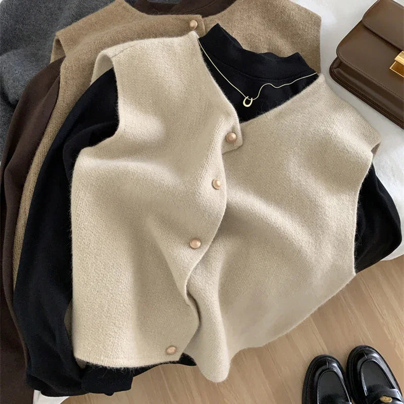 Women Sweater Vest Gold Button Up Waistcoat Soft Knitted Sleeveless Cardigan Jacket Top Fall Winter Korean Ladies Chic Outfit