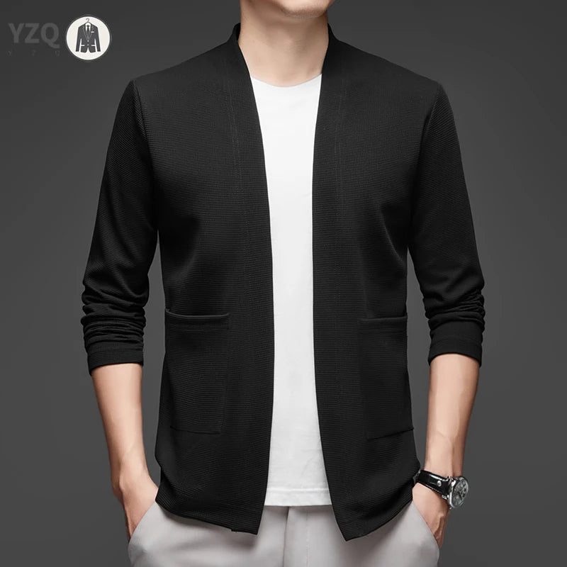 New Men's Business Casual Long Sleeved Solid Color Cloak Jacket Knitted Comfortable and Fashionable All Season Versatile Top