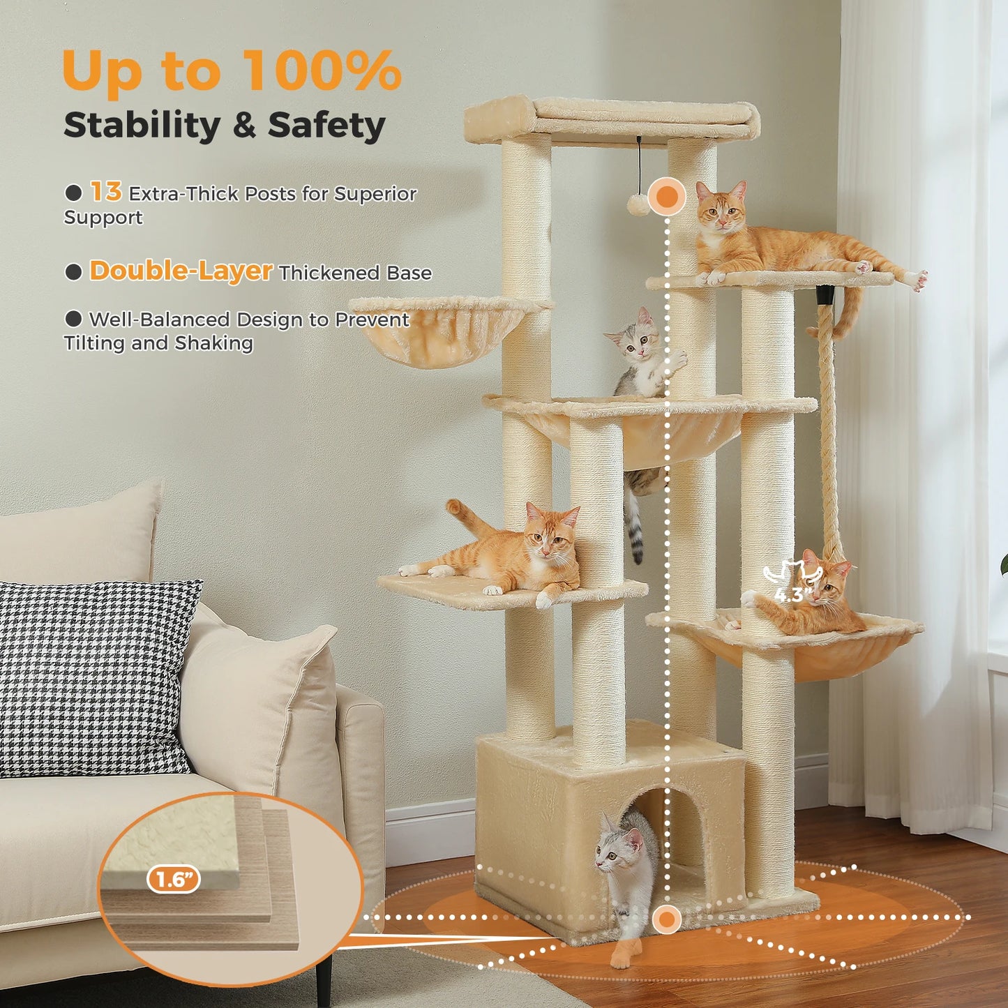Multi-Level Cat Tree with Scratching Posts, Cozy Condo, Super Large Perch, Deep Hammocks, Tall Cat Tower for Indoor Adult Cats