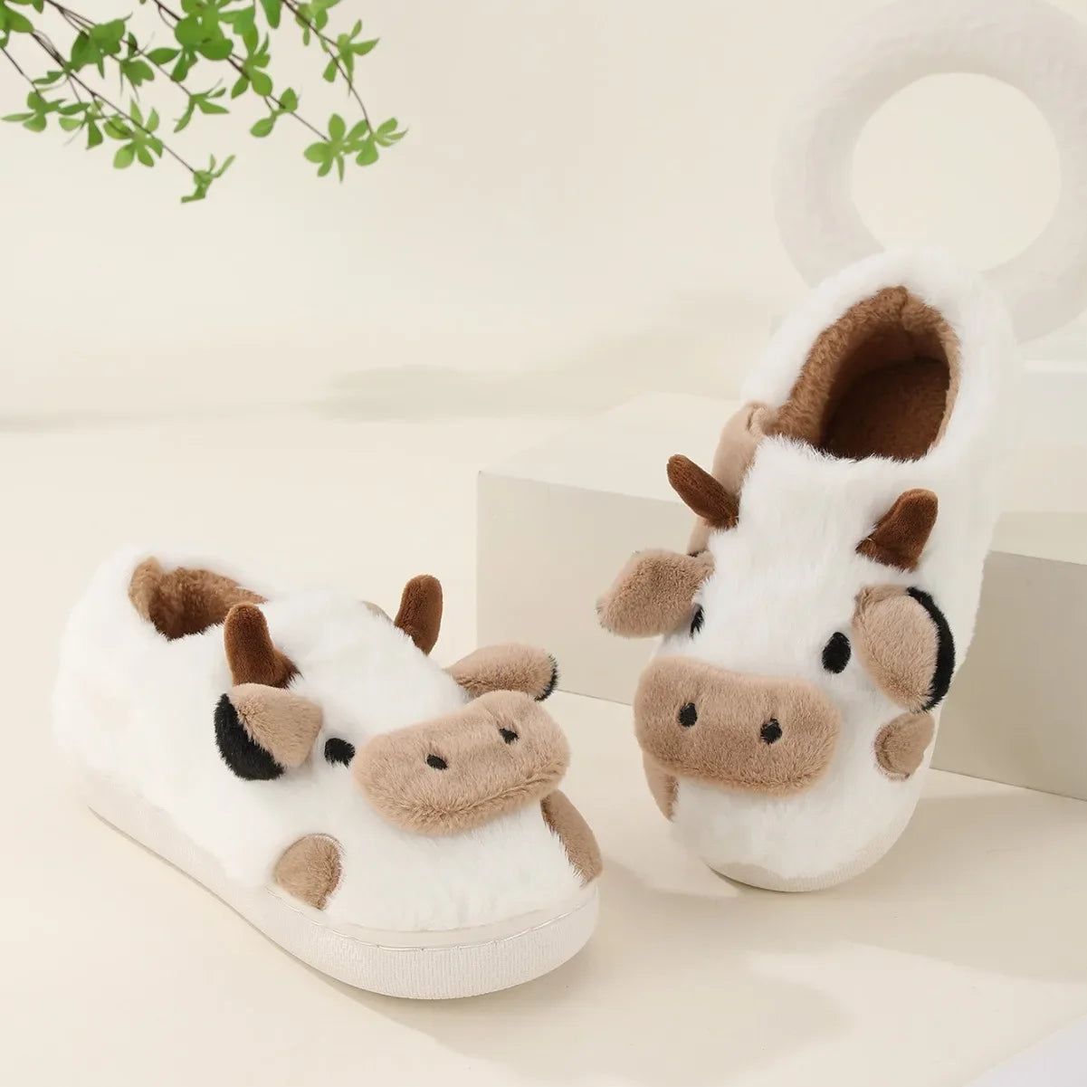 Cartoon Cow Plush Slippers For Women Winter Indoor Non-Slip Rubber Sole