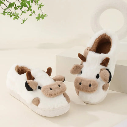 Cartoon Cow Plush Slippers For Women Winter Indoor Non-Slip Rubber Sole