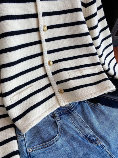 Cardigan Womens O-Neck Stripe Knit Long Sleeve Sweater