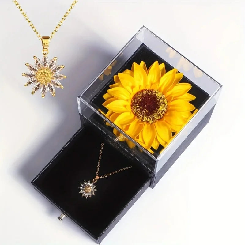 Zircon Sunflower Pendant Necklaces Female Gift Box For Girlfriend MOTHER'S Day I Love You Gifts Set Trendy Wedding Jewelry Box