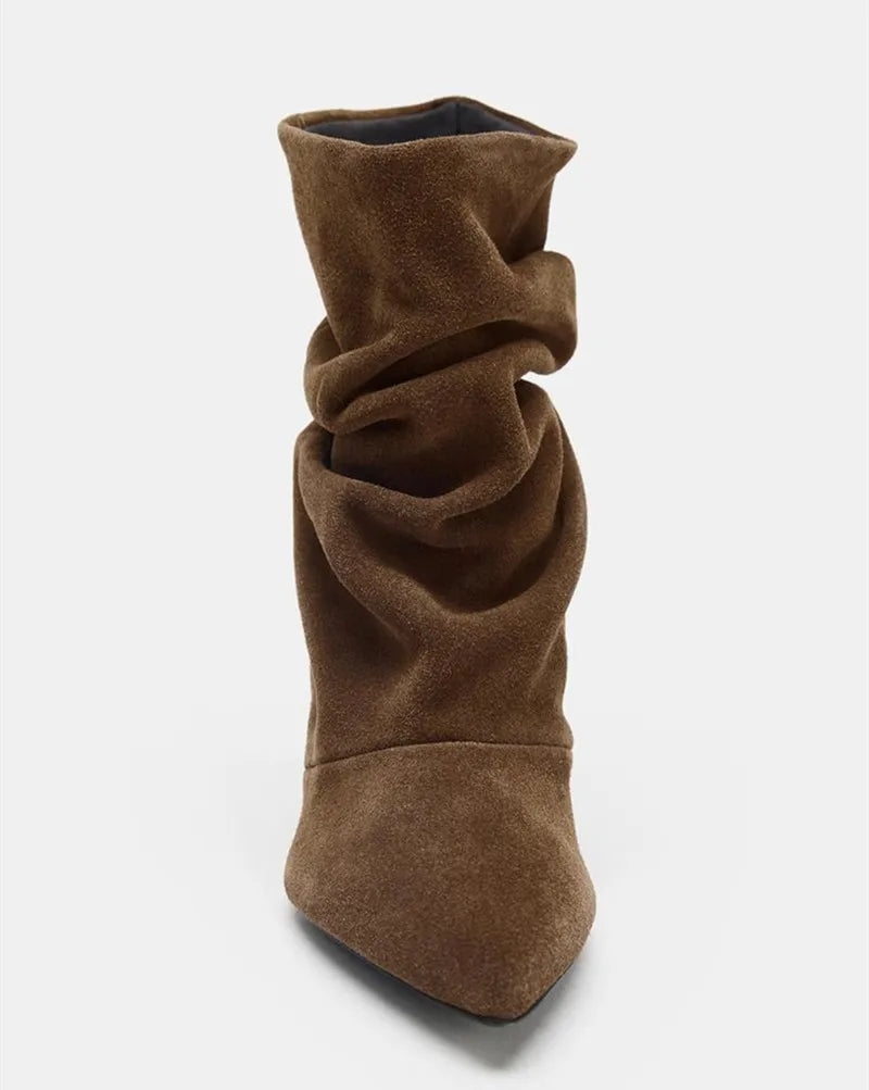 Suede Winter Women High Boots Pointed-Toe Pleated Short Boots Female Brown Retro Elegant Designer Ankle Boots Bottes Femmes