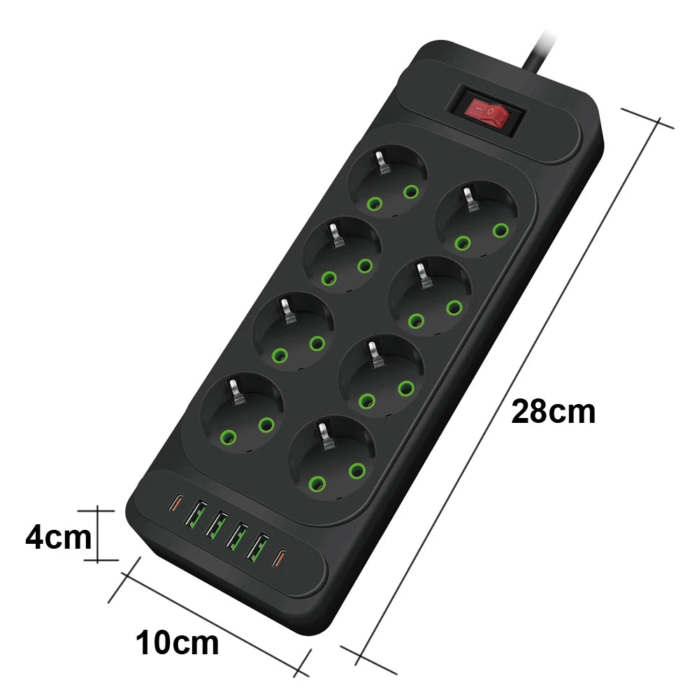 EU Plug 3-Outlet Power Strip With USB Surge Protector 2m Extension Cord Plastic