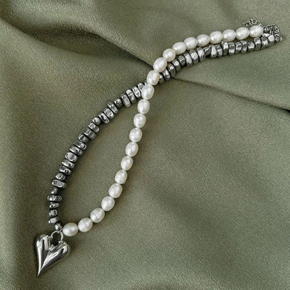 Heart Pendant Necklace With Pink Stone Beads And Irregular CCB Chain