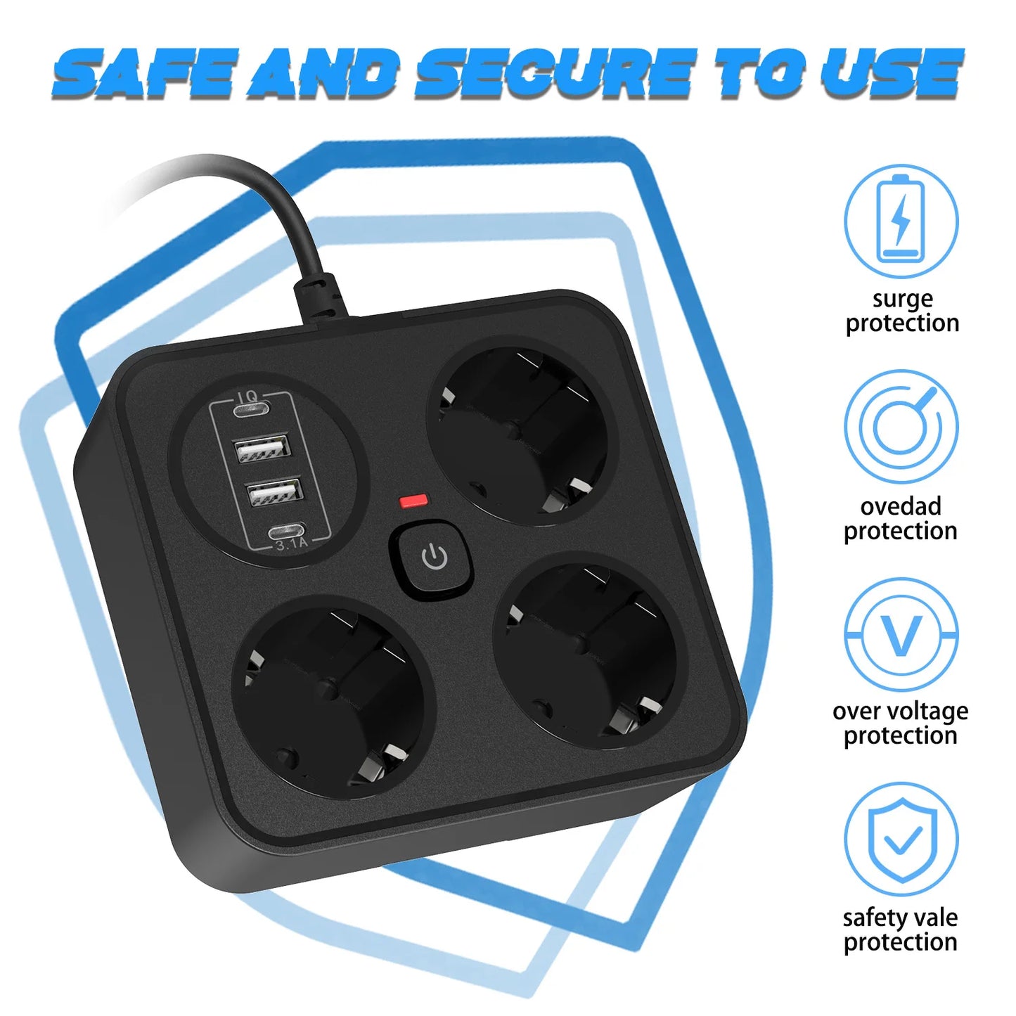 European plug extension cord power strip with 3AC+2USB-A+2USB-C with switch multi-contact socket 13A 250V 3250W surge protector