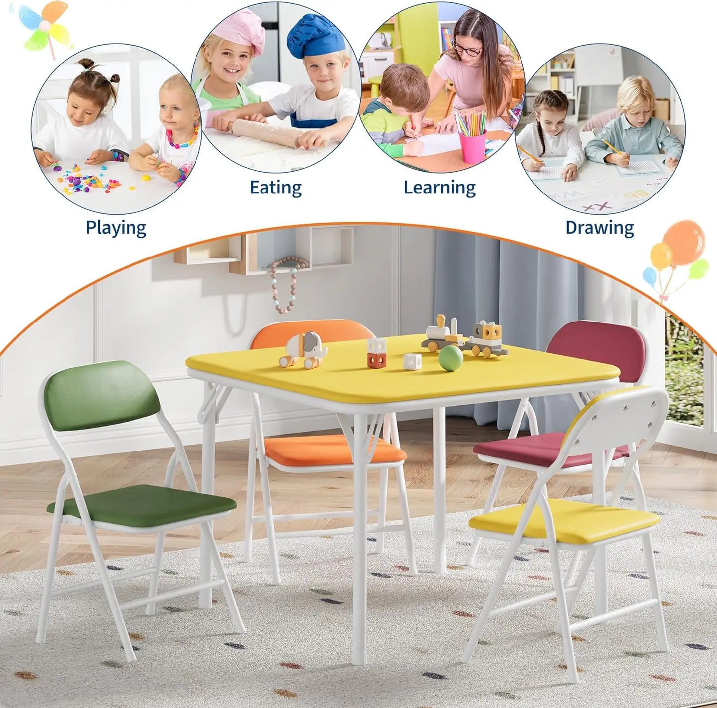 5-Piece Kids Folding Table and Chairs Set, Toddlers Children's Activity Table and Chairs Set for Dining Room, Daycare, Classroom