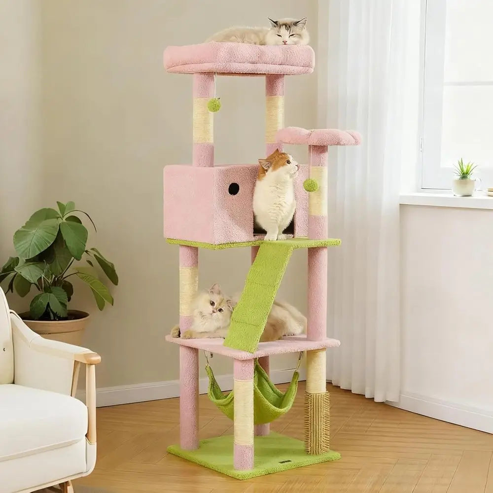 65 Pink Large Cat Tree with Extra Condo, 2 Perches, Hammock & 6 Sisal Posts